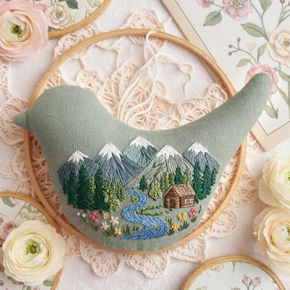 Rubbyoo Bird-shaped Embroidery Kit - Mountain Landscape | Outdoor Enthusiast Gift | Rustic Hanging Home Accent - image 5