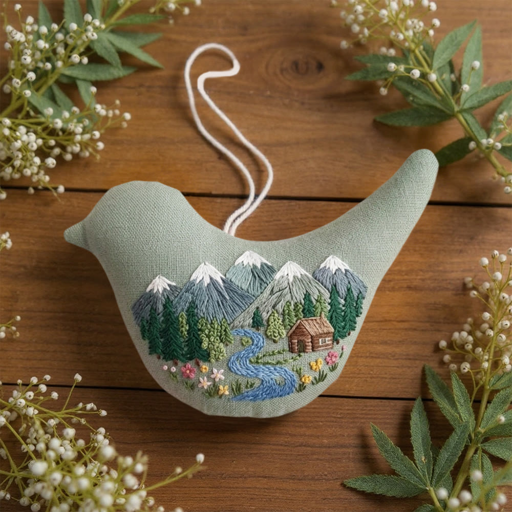 Rubbyoo Bird-shaped Embroidery Kit - Mountain Landscape | Outdoor Enthusiast Gift | Rustic Hanging Home Accent - image 6