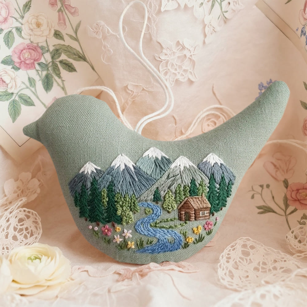 Rubbyoo Bird-shaped Embroidery Kit - Mountain Landscape | Outdoor Enthusiast Gift | Rustic Hanging Home Accent - 6 inches hoop kit - image 1