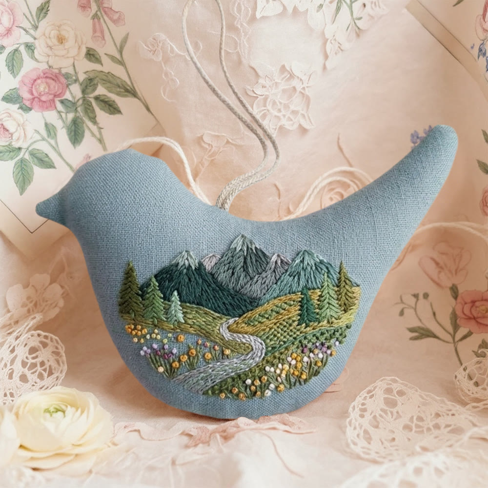 Rubbyoo Bird-shaped Embroidery Kit - Wildflower Meadow Design | Cozy Nature Vibe | Calming Home Decor - 6 inches hoop kit - image 1
