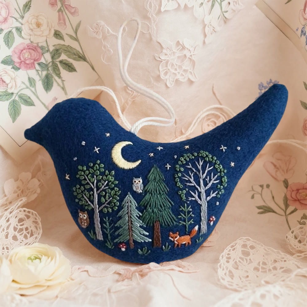 Rubbyoo Bird-shaped Embroidery Kit - Luna Night Forest | Cute Gift For Kids | Magic Fantasy Ornament - 6 inches hoop kit - image 1