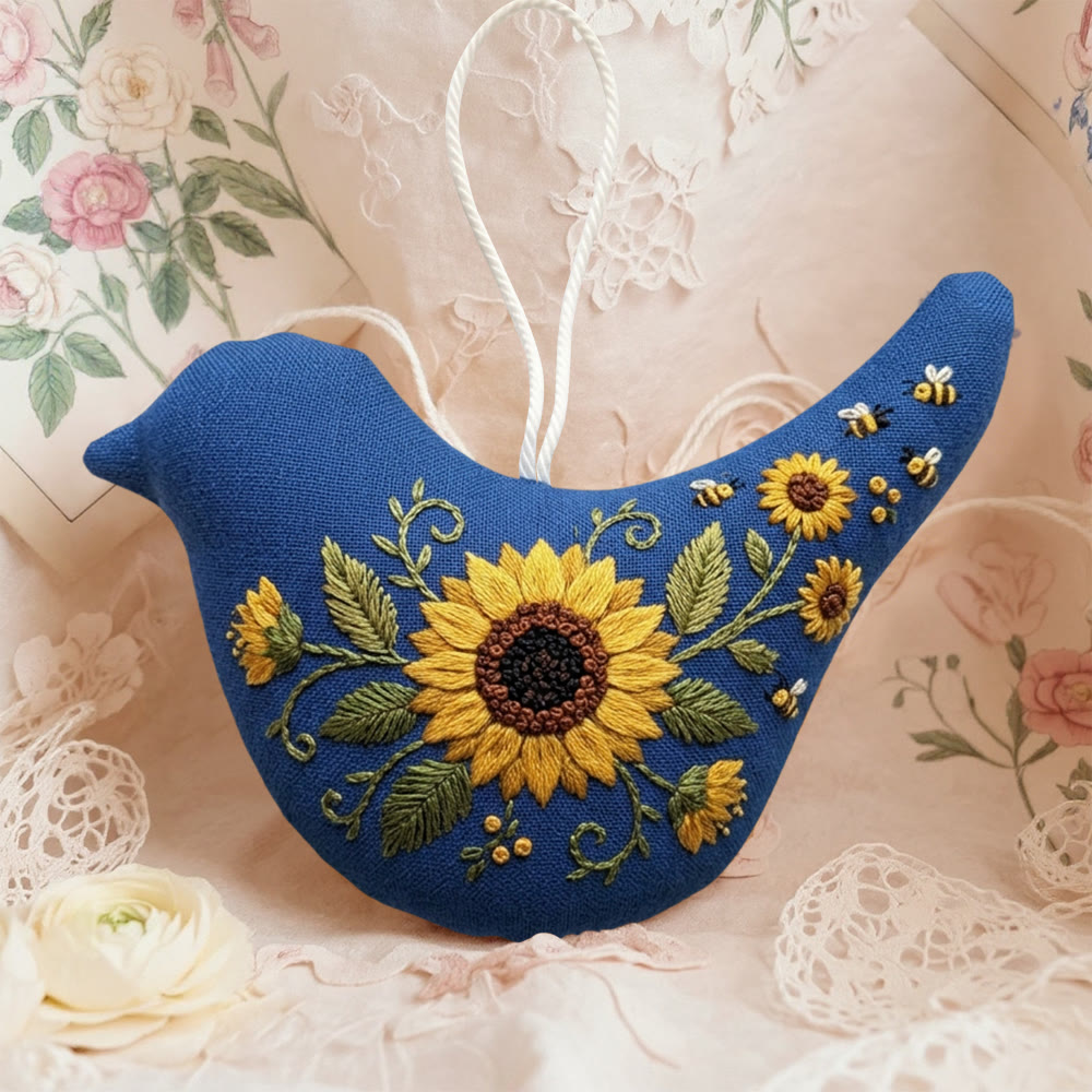 Rubbyoo Bird-shaped Embroidery Kit - Bees And Floral Design | Housewarming Gift | Sewing Pattern Decor - 6 inches hoop kit - image 1