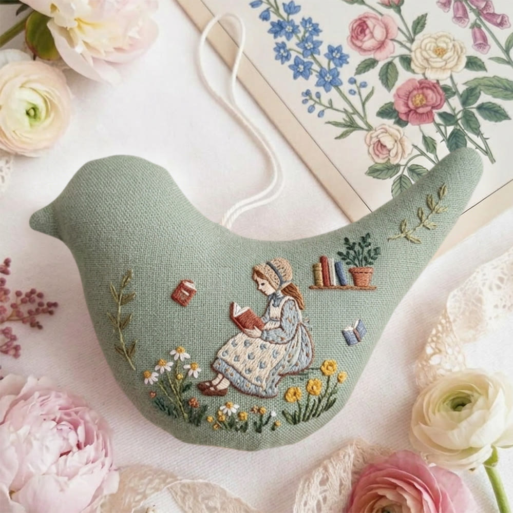 Rubbyoo Bird-shaped Embroidery Kit - Floral And Reading Girl | Slow Living Aesthetic | Bookish Hanging Decor - image 3