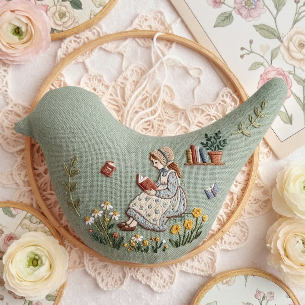 Rubbyoo Bird-shaped Embroidery Kit - Floral And Reading Girl | Slow Living Aesthetic | Bookish Hanging Decor - image 5