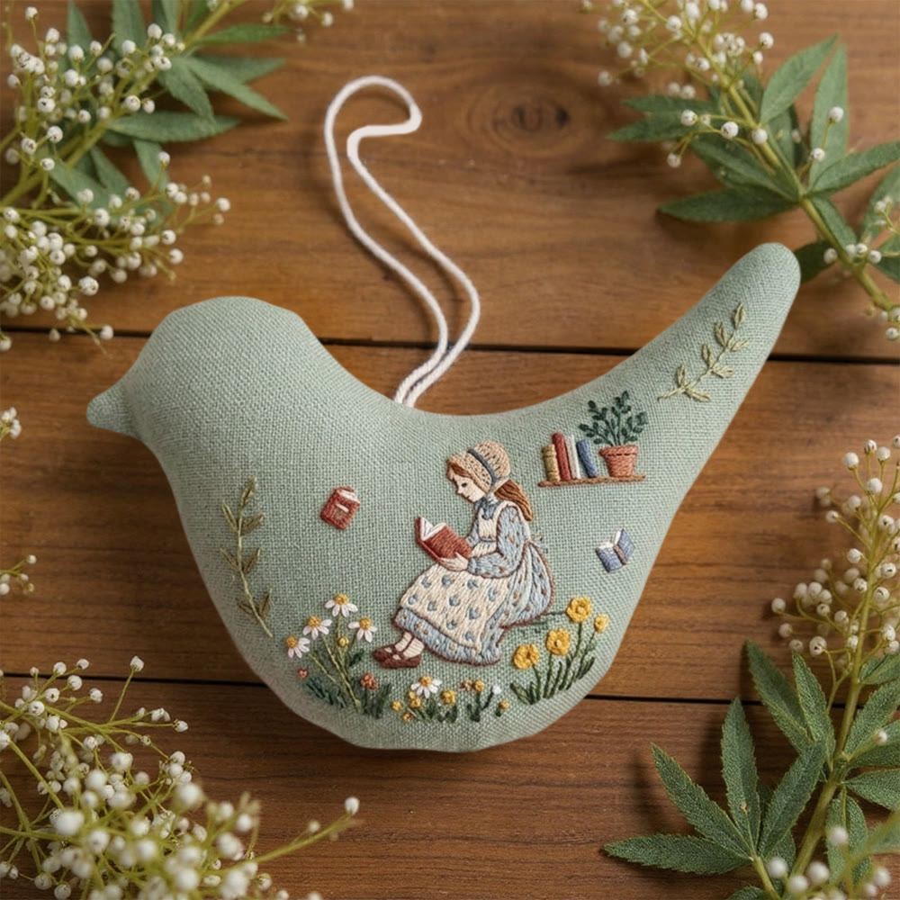 Rubbyoo Bird-shaped Embroidery Kit - Floral And Reading Girl | Slow Living Aesthetic | Bookish Hanging Decor - image 6