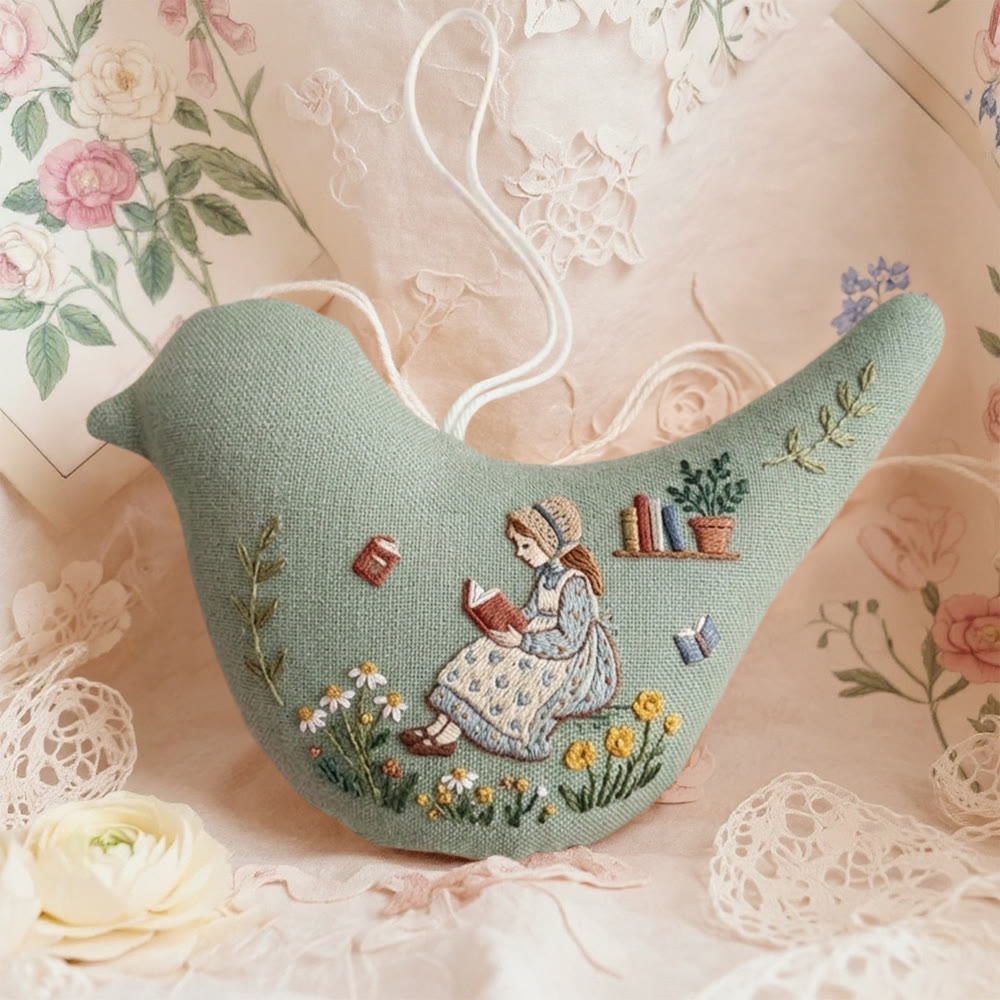 Rubbyoo Bird-shaped Embroidery Kit - Floral And Reading Girl | Slow Living Aesthetic | Bookish Hanging Decor - 6 inches hoop kit - image 1