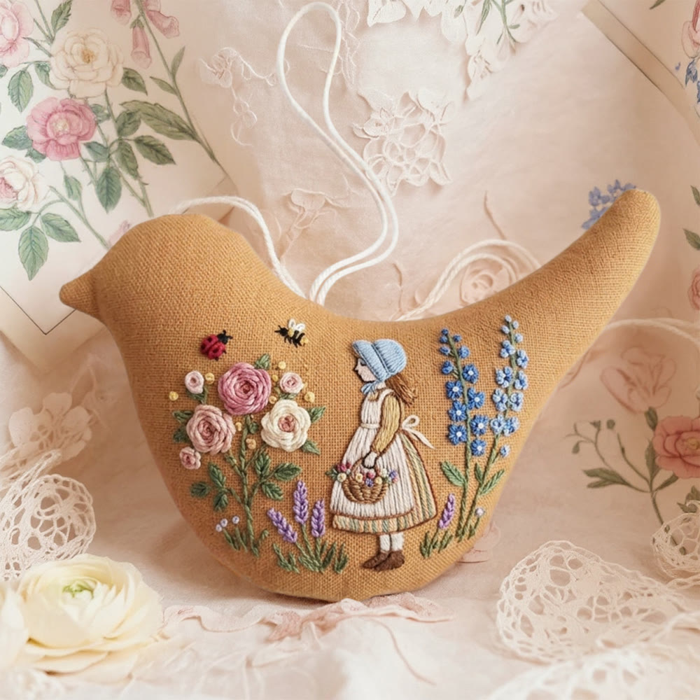 Rubbyoo Bird-shaped Embroidery Kit - Girl In Garden Embroidery | Cottagecore Gift | Bedroom Decor - 6 inches hoop kit - image 1