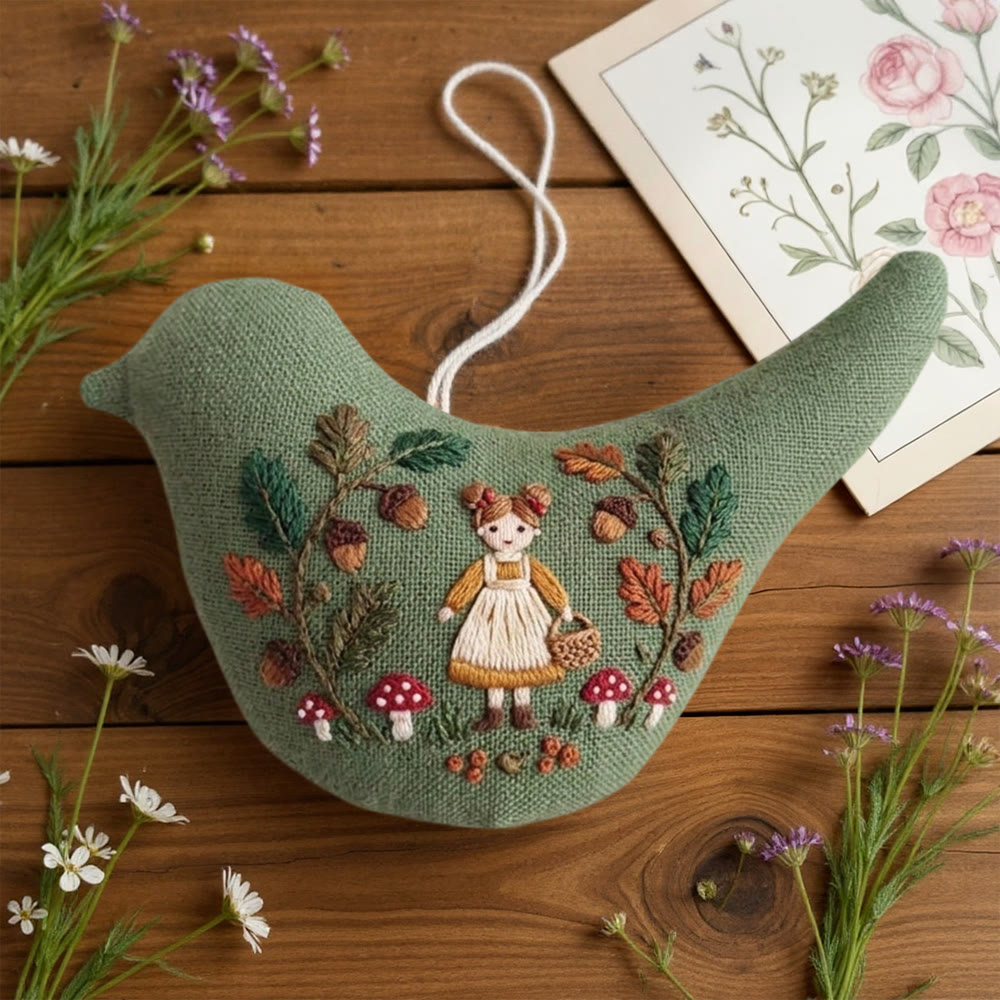 Rubbyoo Bird-shaped Embroidery Kit - Mushroom-picking Girl | Birthday Gift | Nursery Decor - image 2