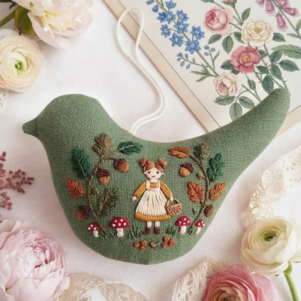Rubbyoo Bird-shaped Embroidery Kit - Mushroom-picking Girl | Birthday Gift | Nursery Decor - image 3