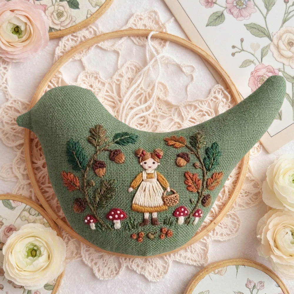 Rubbyoo Bird-shaped Embroidery Kit - Mushroom-picking Girl | Birthday Gift | Nursery Decor - image 5