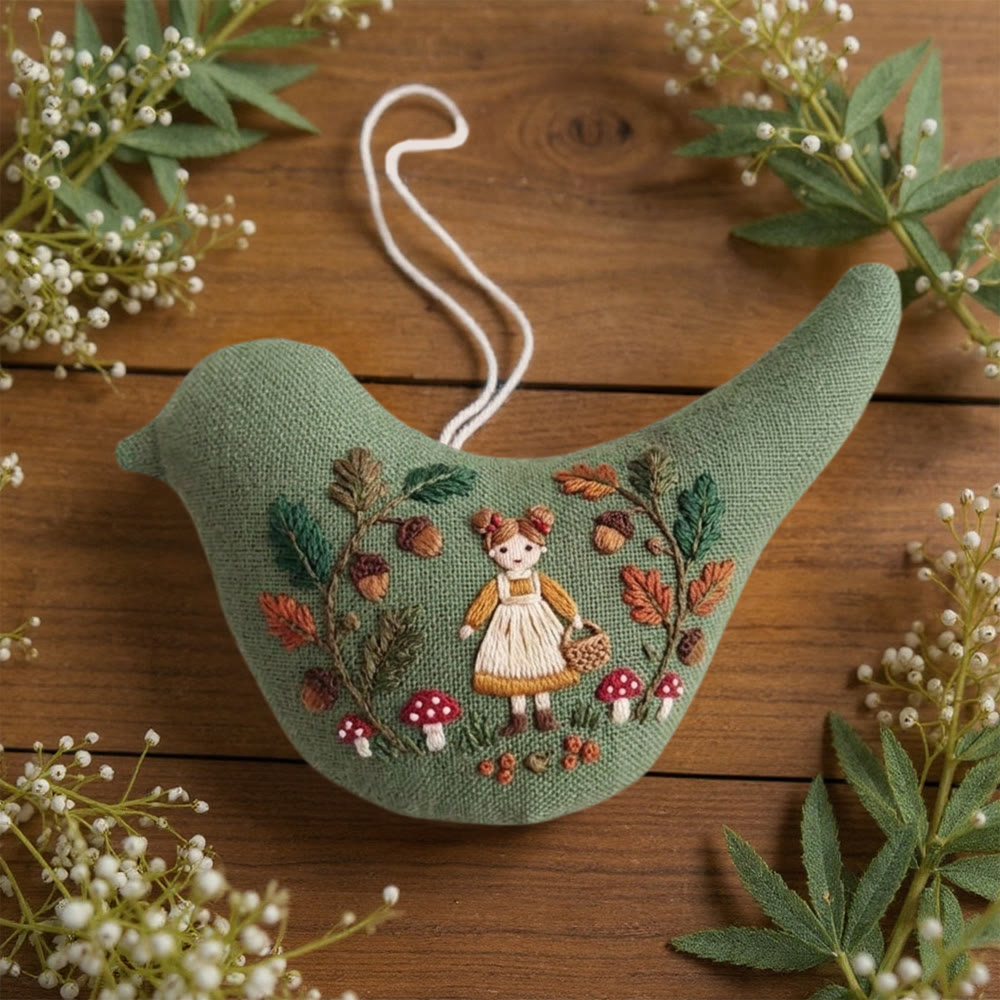 Rubbyoo Bird-shaped Embroidery Kit - Mushroom-picking Girl | Birthday Gift | Nursery Decor - image 4