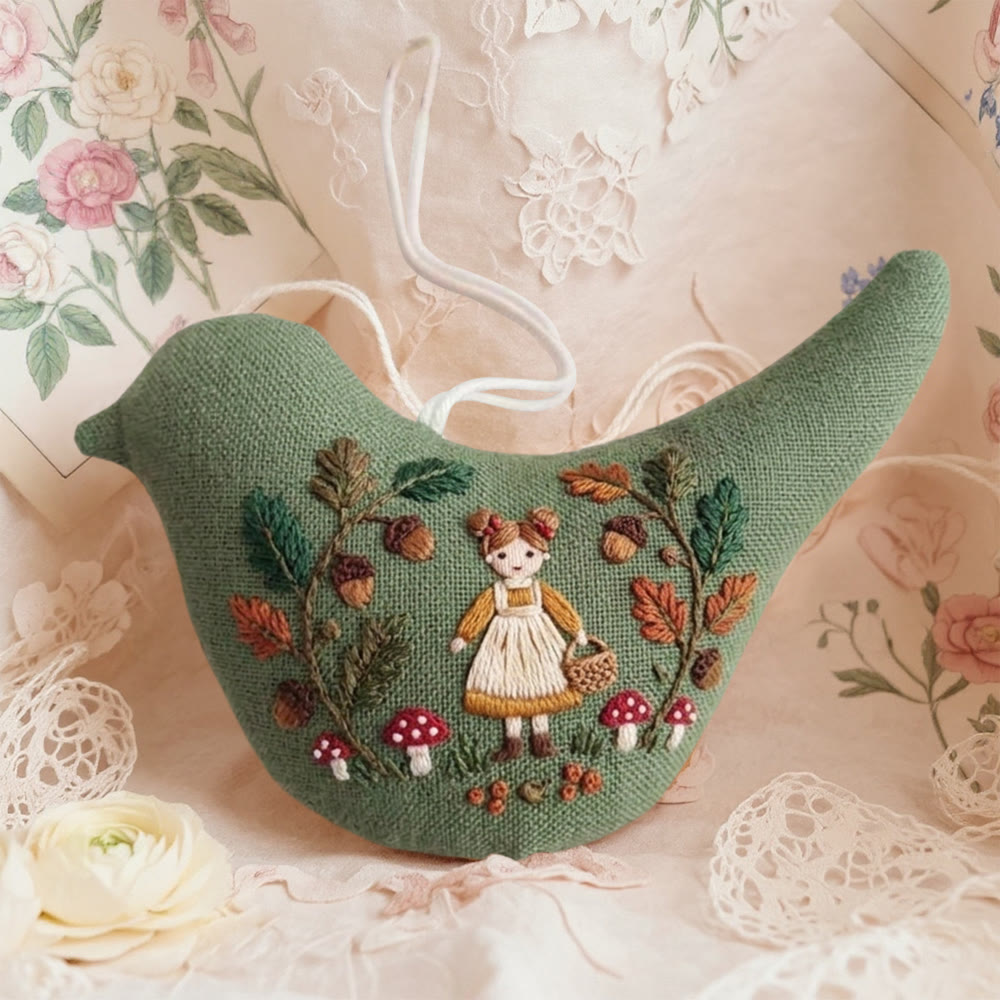 Rubbyoo Bird-shaped Embroidery Kit - Mushroom-picking Girl | Birthday Gift | Nursery Decor - 6 inches hoop kit - image 1