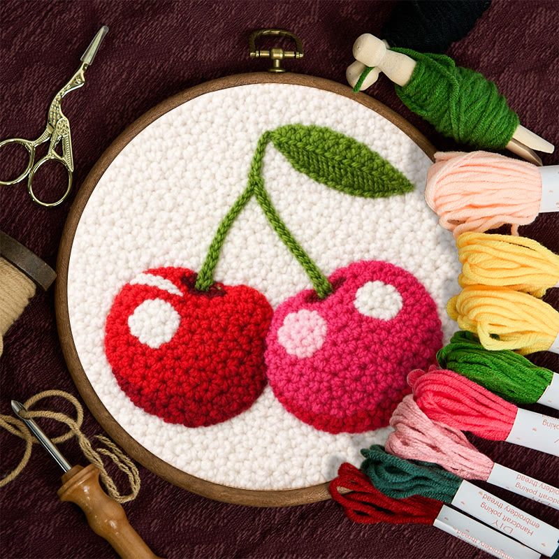 Sweet Cherry Punch Needle Kit - Cottagecore Kitchen Decor | Diy Craft For Starter - image 2