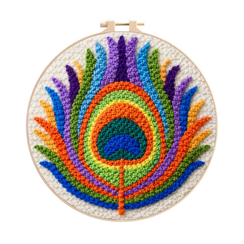 Peacock Feather Punch Needle Kit - Creative Yarn Art | Nice Hanging Ornament - 8 inch Hoop Kit - image 1