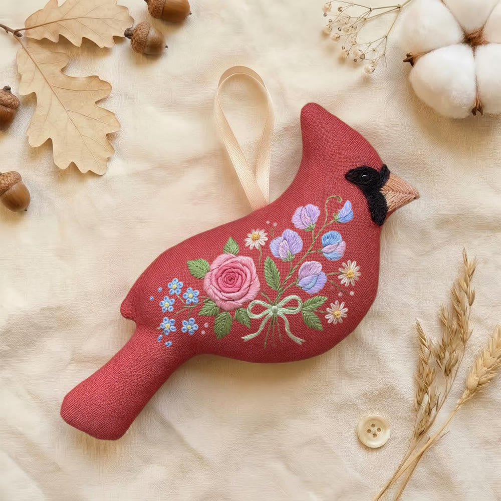 Rubbyoo Cardinal Embroidery Kit - Romantic Flower Pattern | Gift For Women | Boho Home Decor - 6 inches hoop kit - image 1