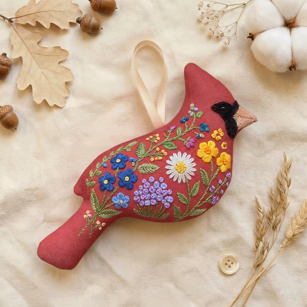 Rubbyoo Cardinal Embroidery Kit - Meadow Flowers Design | Small Meaningful Gift | Nature Floral Ornament - 6 inches hoop kit - image 1