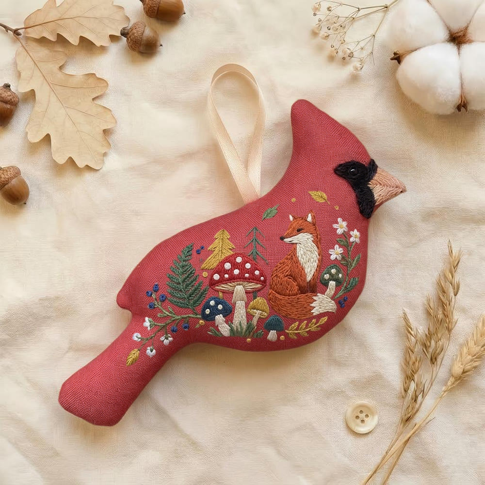 Rubbyoo Cardinal Embroidery Kit - Fox And Mushroom | Birthday Gift | Fairy Forest Decor - 6 inches hoop kit - image 1