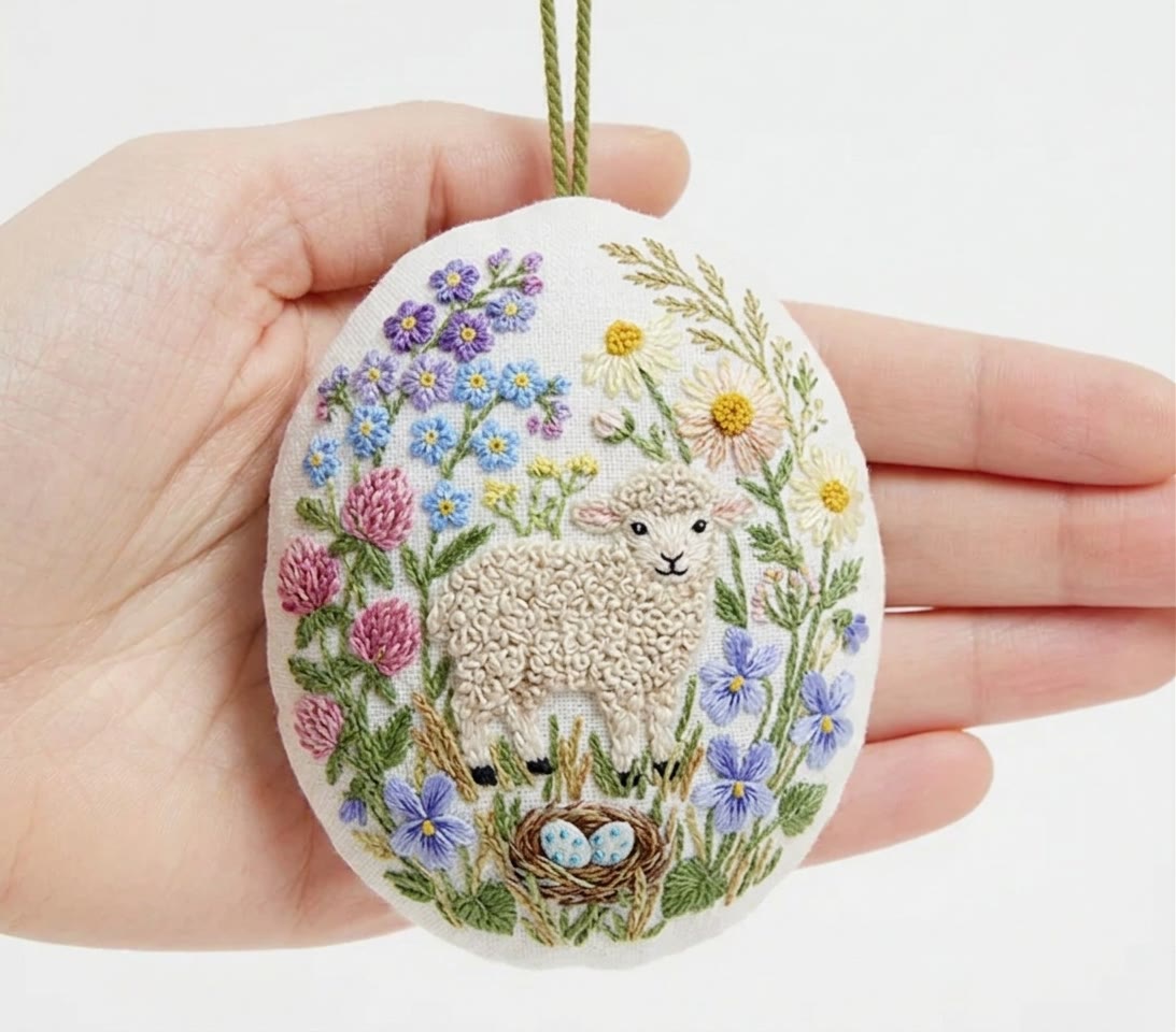 Rubbyoo Easter Egg Embroidery Kit -  Little Lamb In The Garden | Exquisite Hanging Ornament |  Children's Easter Gifts - 4 inches hoop kit - image 1