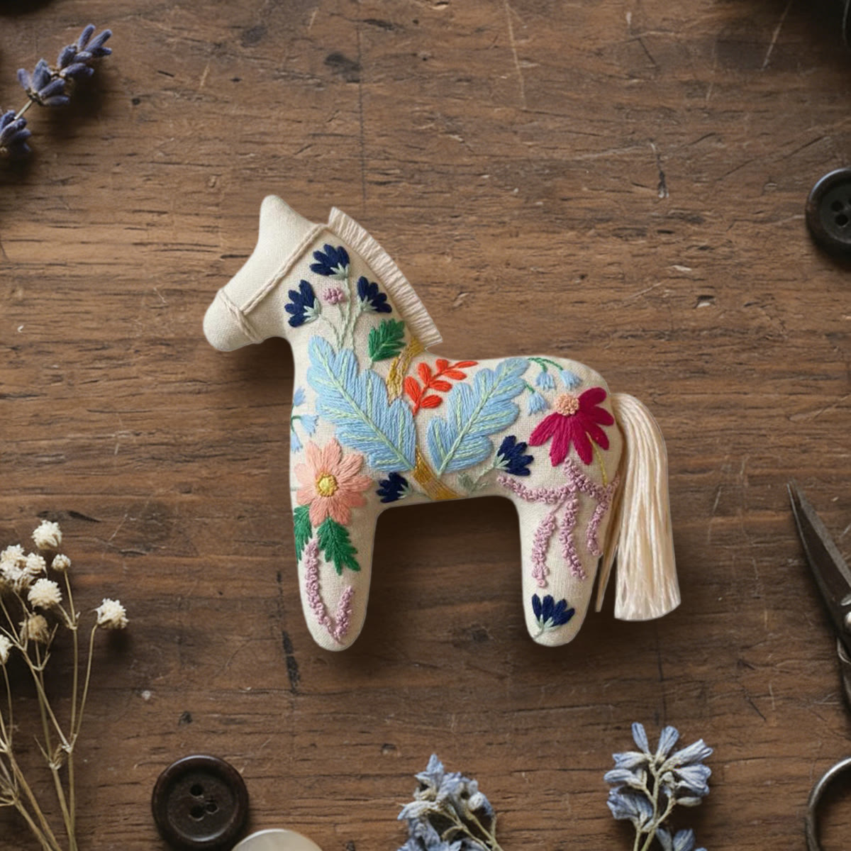 Rubbyoo Dala Horse Embroidery Kit - Vibrant Botanic | Unique Hanging Decor | Adorable Animal Craft  - 6 inches hoop kit - image 1