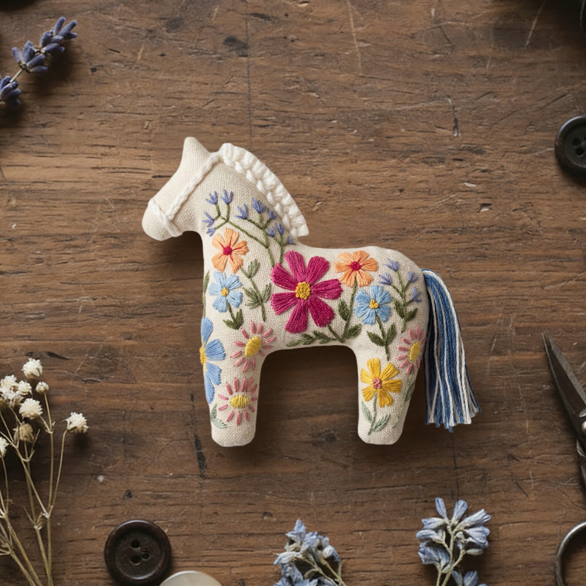 Rubbyoo Dala Horse Embroidery Kit - Spring Flower | Floral Handmade Art | Creative Animal Ornament - 6 inches hoop kit - image 1