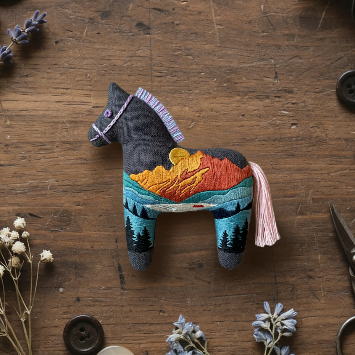 Rubbyoo Dala Horse Embroidery Kit - Sunlit Golden Mountain | Landscape Handmade Craft | Perfect Hanging Gift - 6 inches hoop kit - image 1