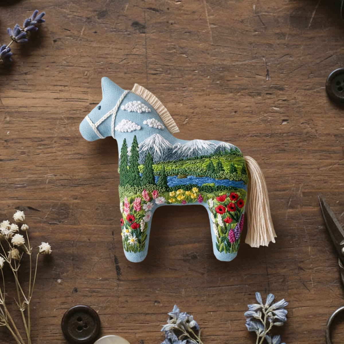 Rubbyoo Dala Horse Embroidery Kit - Sunny Day | Sewing Hanging Ornament | Lovely Pony Toy - 6 inches hoop kit - image 1