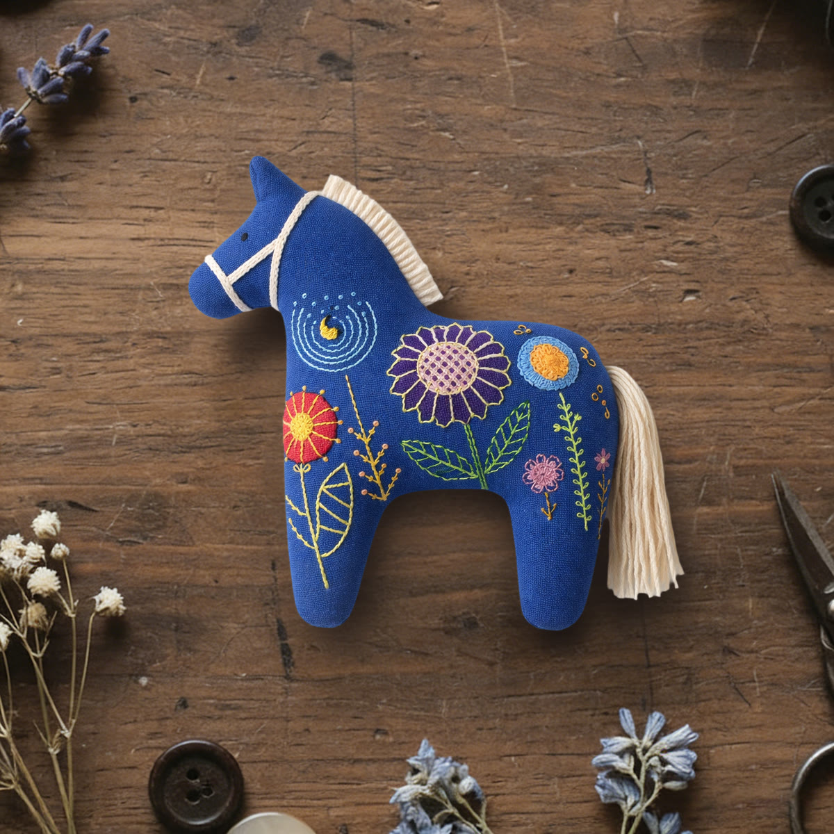 Rubbyoo Dala Horse Embroidery Kit - Little Flower | Floral Stitch Craft | Diy Animal Ornament - 6 inches hoop kit - image 1
