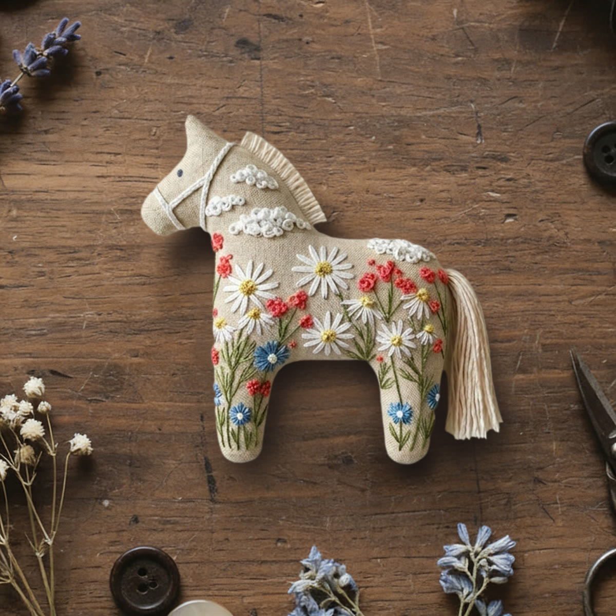 Rubbyoo Dala Horse Embroidery Kit - Daisy Flowers | Decorative Holiday Art | Perfect Handmade Gift - 6 inches hoop kit - image 1