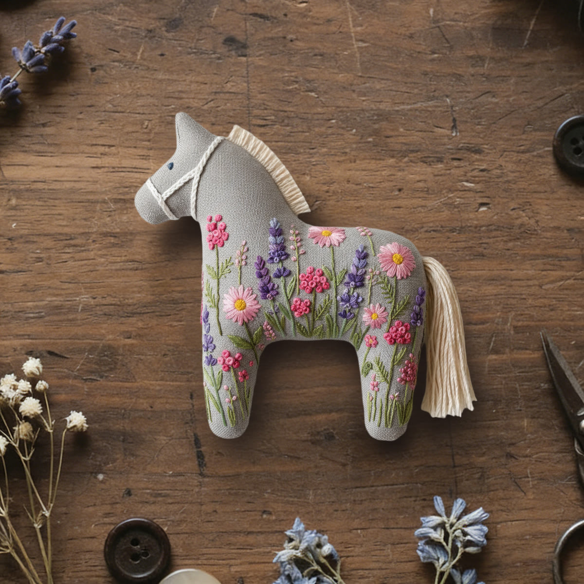 Rubbyoo Dala Horse Embroidery Kit - Pink And Purple Flower | Diy Handcrafted Art | Precious Gift For Her - 6 inches hoop kit - image 1