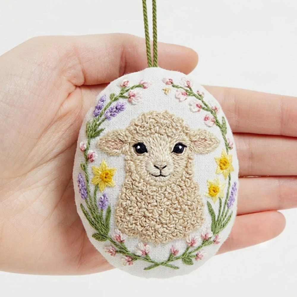 Rubbyoo Easter Egg Embroidery Kit - Little Sheep | Cute Hanging Decoration |  Children's Gift - 4 inches hoop kit - image 1