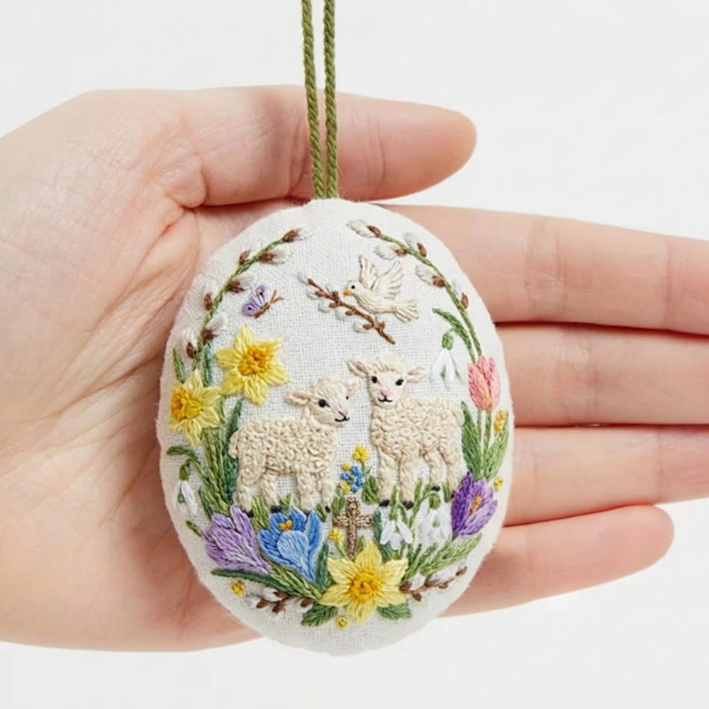 Rubbyoo Easter Egg Embroidery Kit - Flowers And Sheep | Design Hanging Decoration |  Children's Gifts - 4 inches hoop kit - image 1