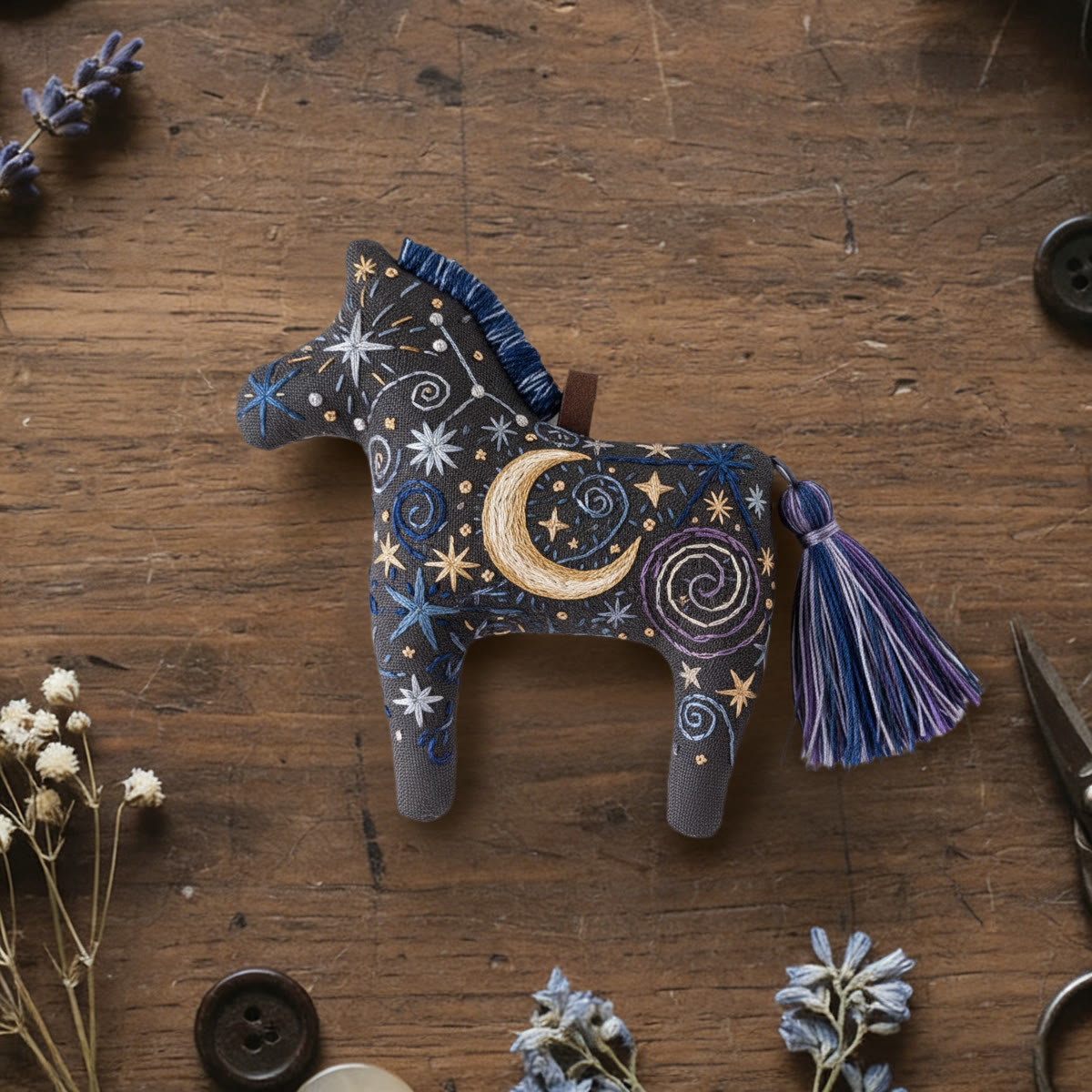 Rubbyoo Dala Horse Embroidery Kit - Starry Night Pattern | Gift For Friend | Mystical Bag Charm  - 6 inches hoop kit - image 1
