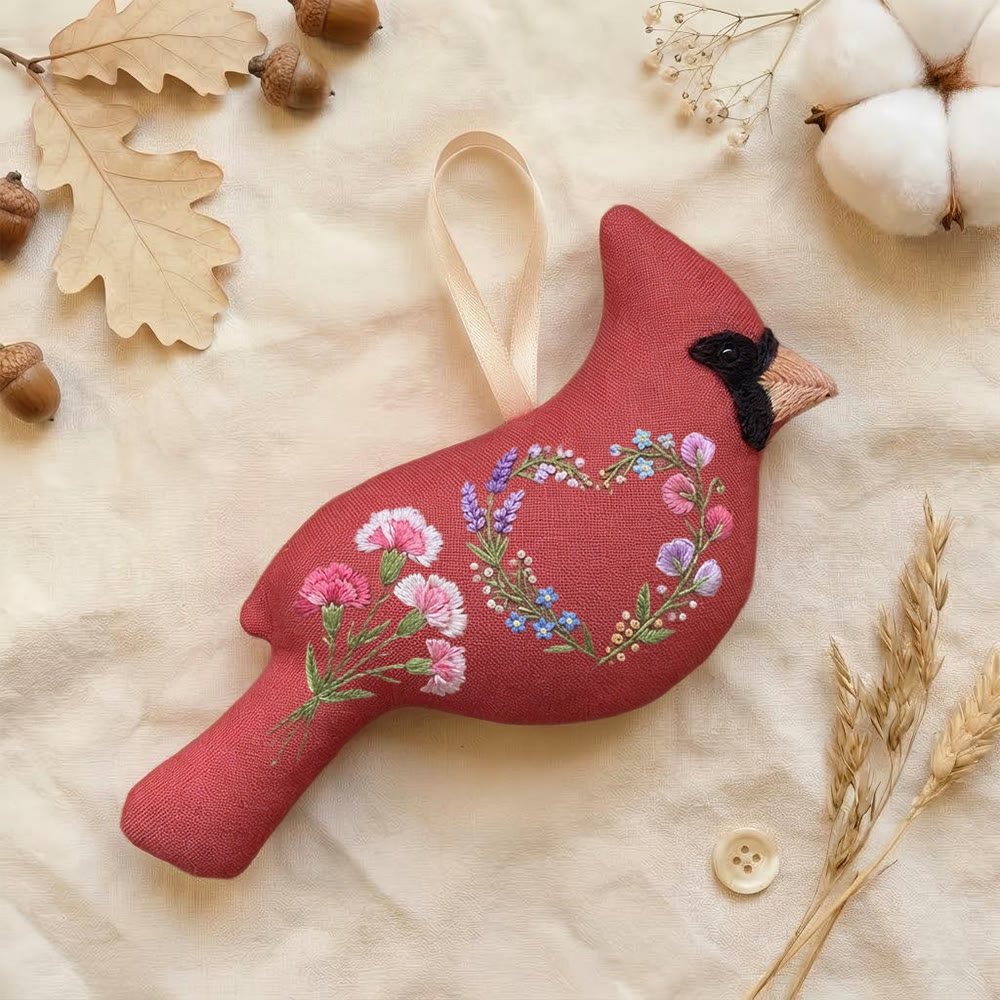 Rubbyoo Cardinal Embroidery Kit - Heart Wreath Design | Mothers Day Gift | Shabby Chic Ornament - 6 inches hoop kit - image 1