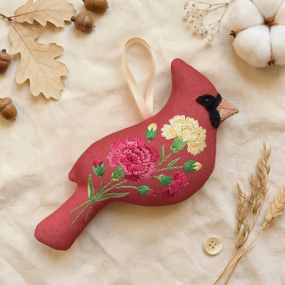 Rubbyoo Cardinal Embroidery Kit - Carnation Embroidery Bird | Gift For Mom | Elegant Rustic Ornament - 6 inches hoop kit - image 1