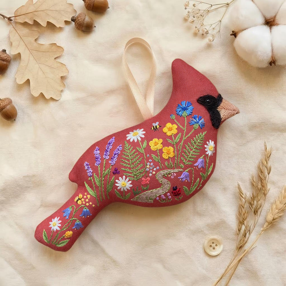 Rubbyoo Cardinal Embroidery Kit - Meadow Path Design | Housewarming Gift | Boho Floral Decor - 6 inches hoop kit - image 1