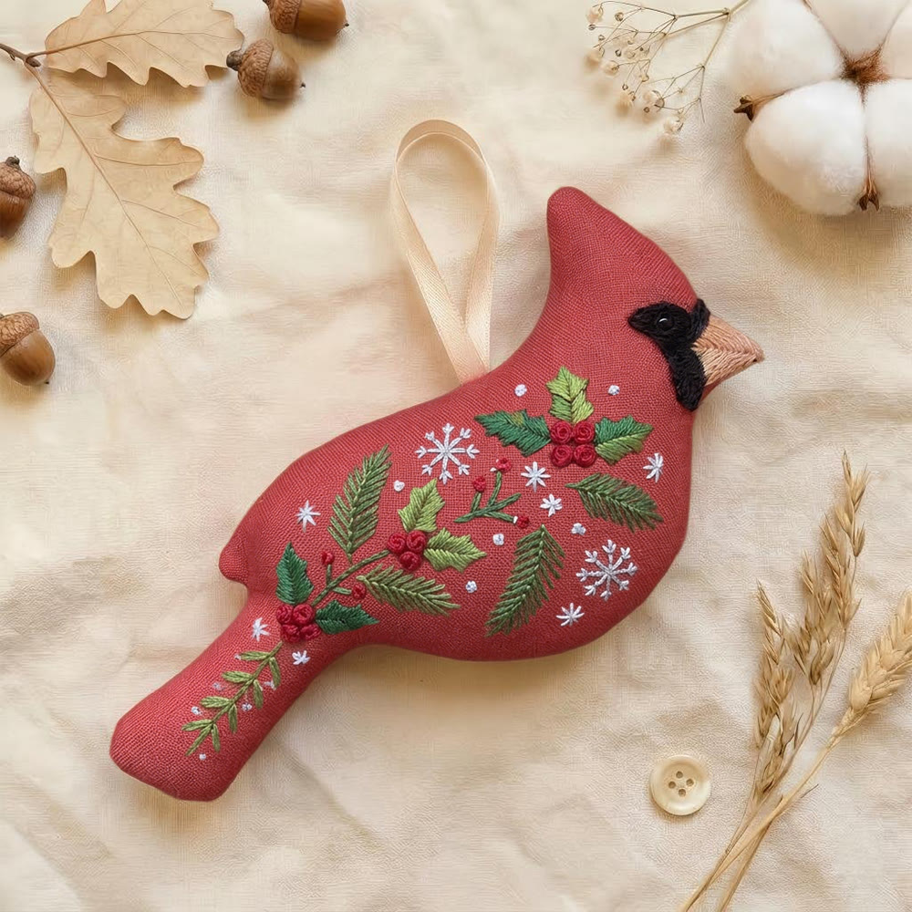 Rubbyoo Cardinal Embroidery Kit - Snowflake And Berries | Wall Art Gift | Rustic Hanging Decoration - 6 inches hoop kit - image 1