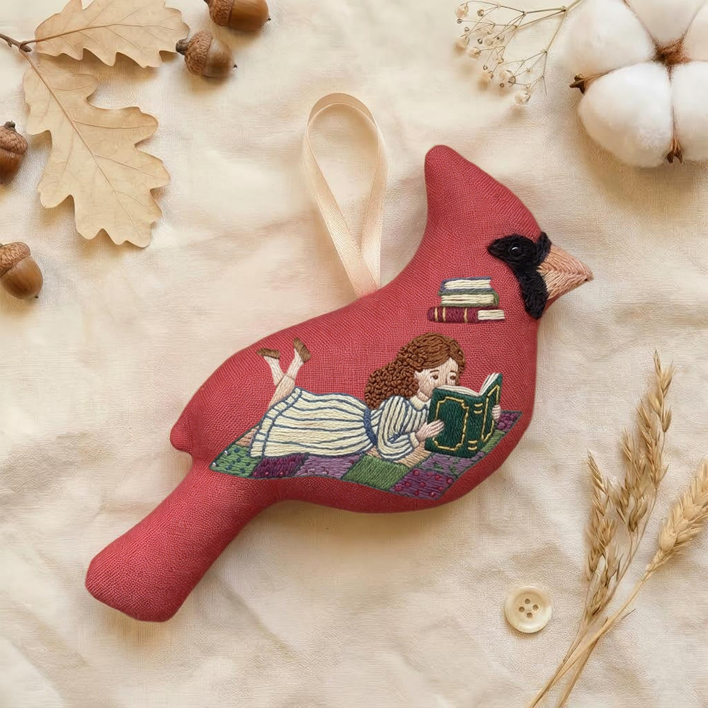 Rubbyoo Cardinal Embroidery Kit - Reading Girl | Gift For Book Lovers | Wall Hanging Decor - 6 inches hoop kit - image 1