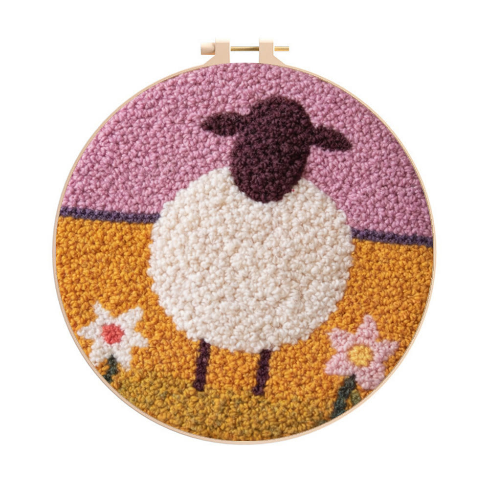 Lovely Sheep Punch Needle Kit - Diy Animal Design | Wall Hanging Decor - 8 inch Hoop Kit - image 1