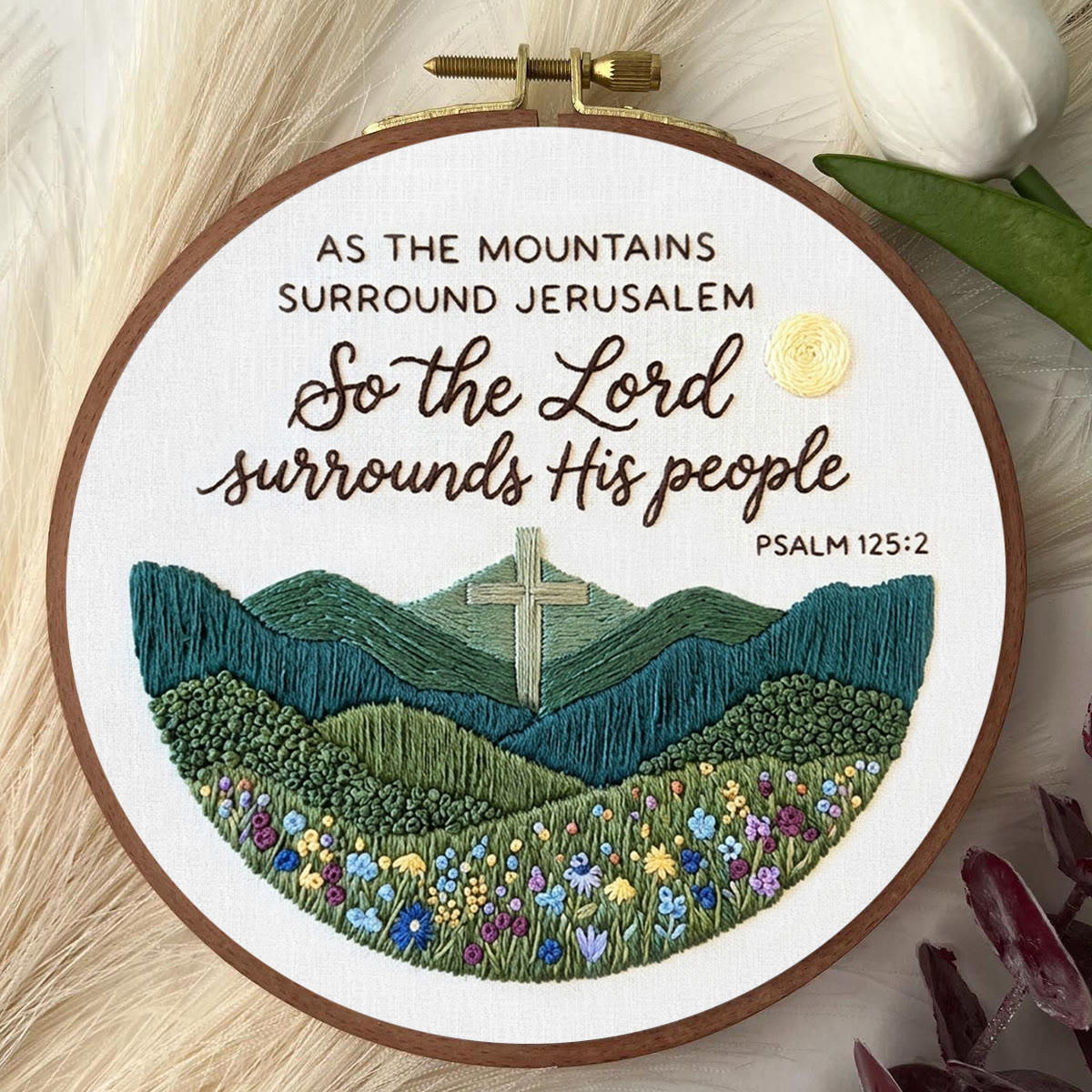 Rubbyoo Embroidery Kit - The Lord Surrounds His People | Psalm 125:2 | Christian Home Ornament - image 2