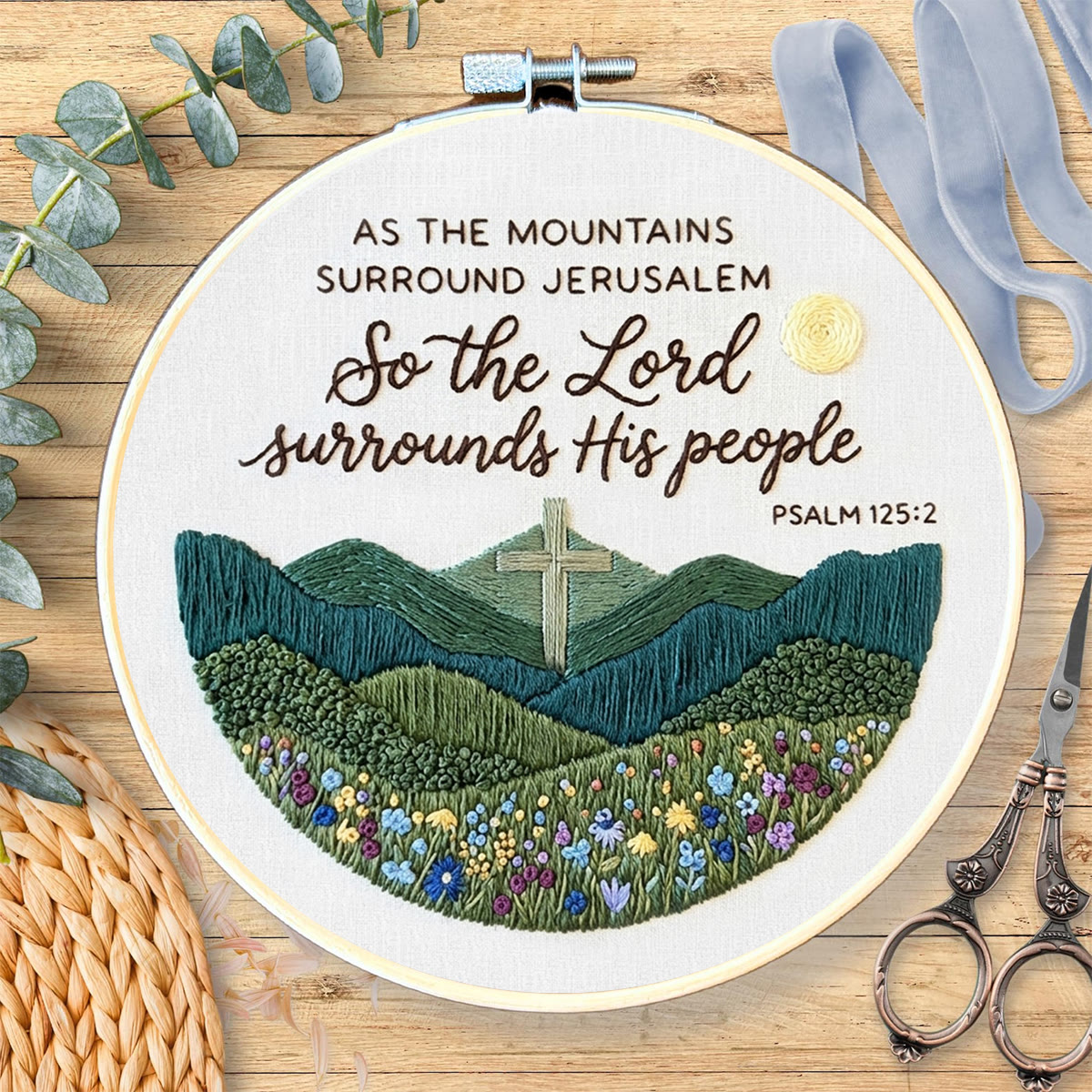 Rubbyoo Embroidery Kit - The Lord Surrounds His People | Psalm 125:2 | Christian Home Ornament - image 4