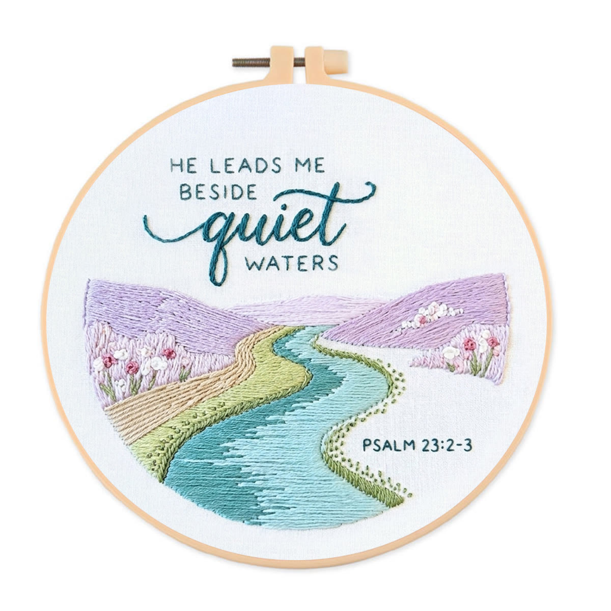 Rubbyoo Embroidery Kit - He Leads Me Beside Quiet Waters | Psalm 23:2 | Bible Verse Pattern  - 20*20cm - image 1