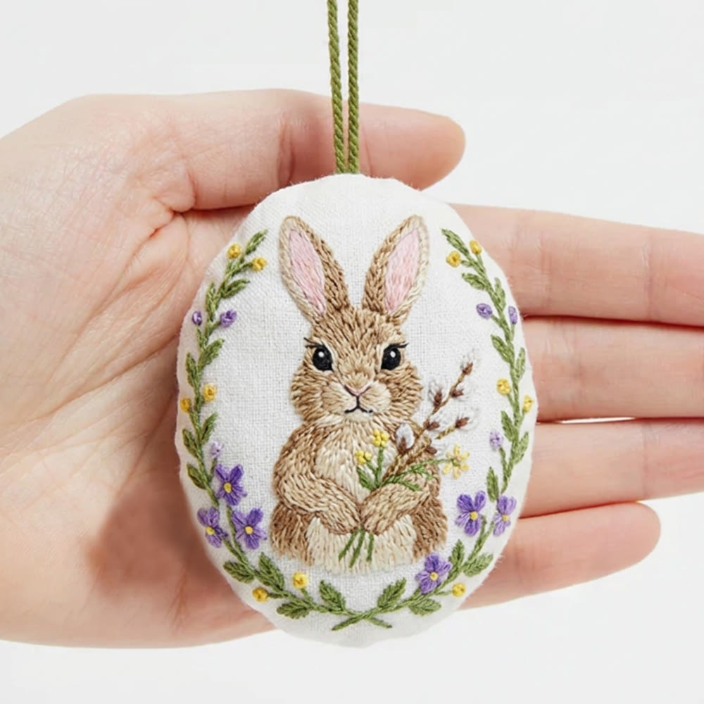 Rubbyoo Easter Egg Embroidery Kit - Timid Bunny With Flowers | Diy Easter Handicraft | Spring Farmhouse Accent - 4 inches hoop kit - image 1