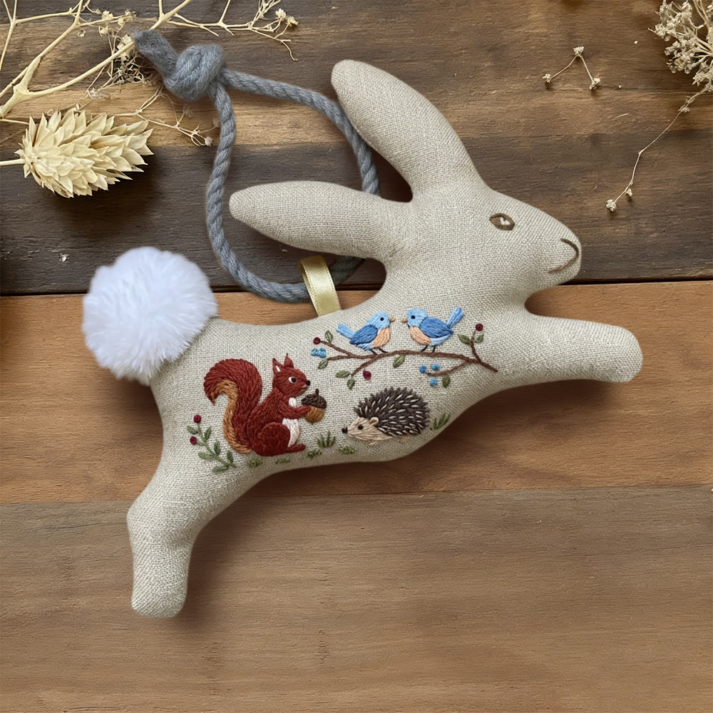 Rubbyoo Rabbit Embroidery Kit - Squirrel Hedgehog Bird Design | Woodland Nursery Gift | Wildlife Scene Hanging Ornament - 6 inches hoop kit - image 1