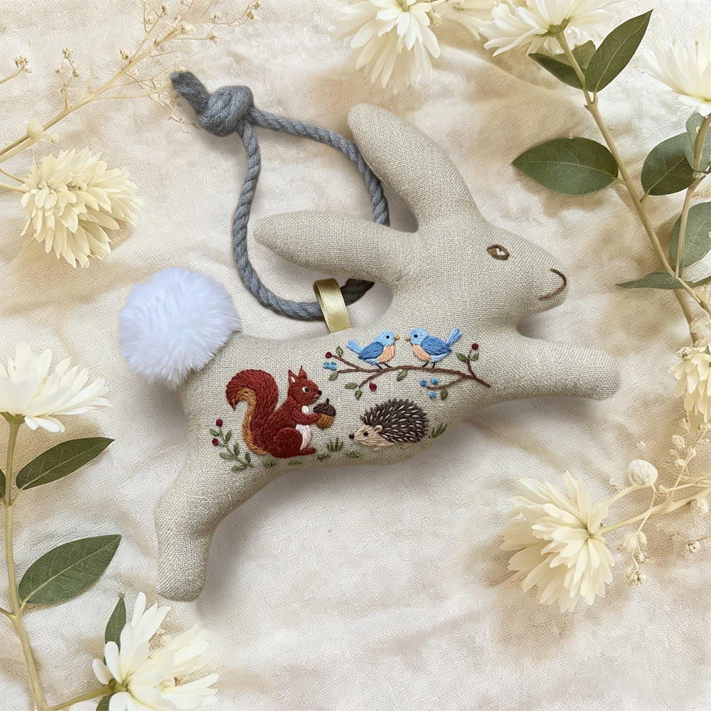 Rubbyoo Rabbit Embroidery Kit - Squirrel Hedgehog Bird Design | Woodland Nursery Gift | Wildlife Scene Hanging Ornament - image 4