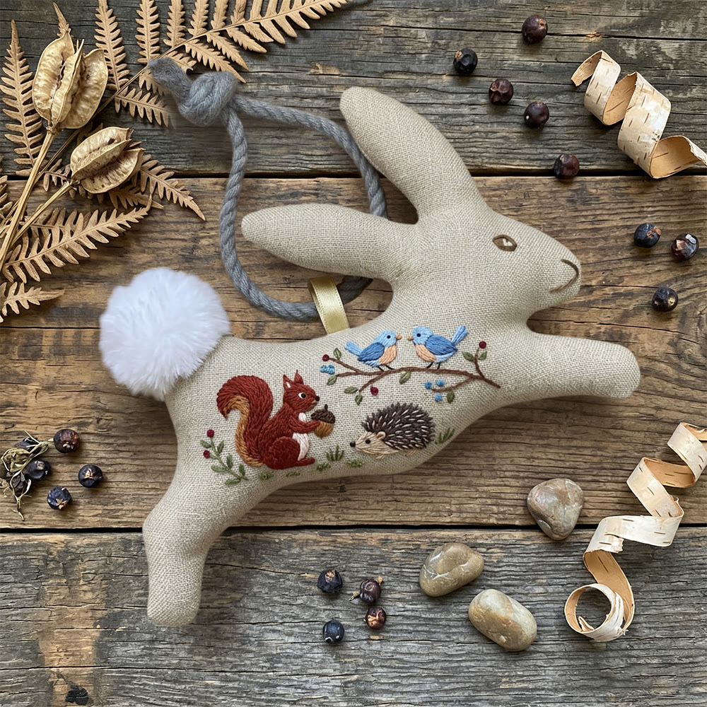 Rubbyoo Rabbit Embroidery Kit - Squirrel Hedgehog Bird Design | Woodland Nursery Gift | Wildlife Scene Hanging Ornament - image 3