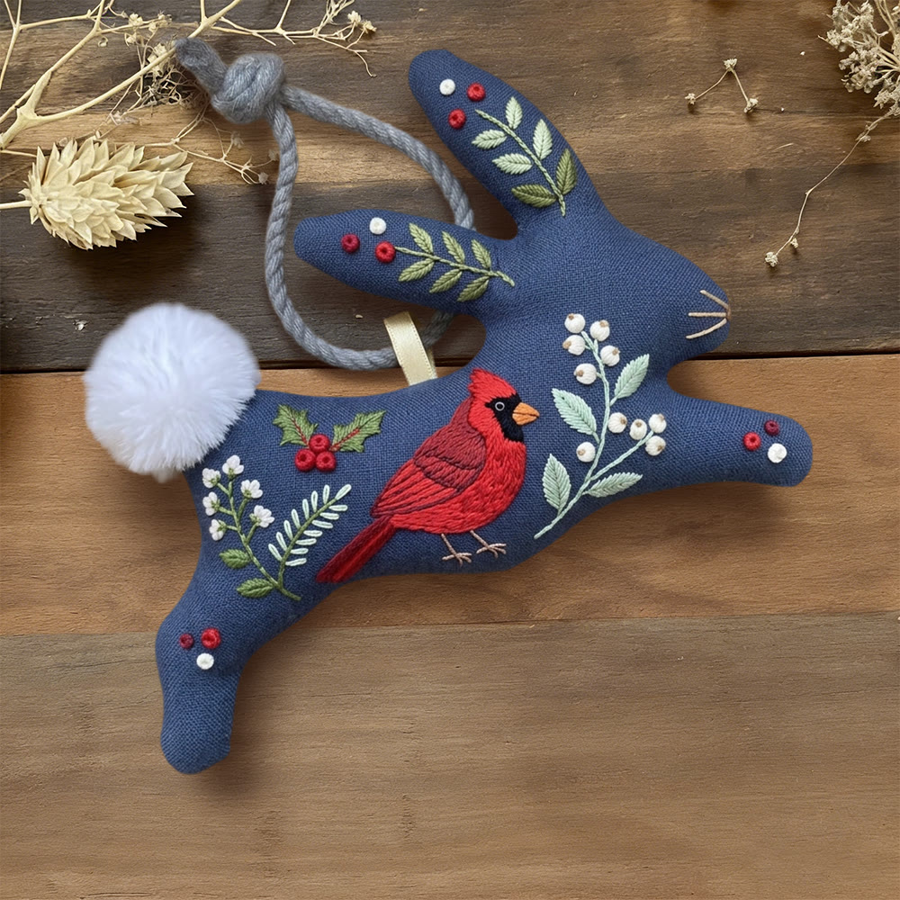 Rubbyoo Rabbit Embroidery Kit - Red Cardinal | Sympathy Gift | Midnight Blue Bunny Charm - 6 inches hoop kit - image 1