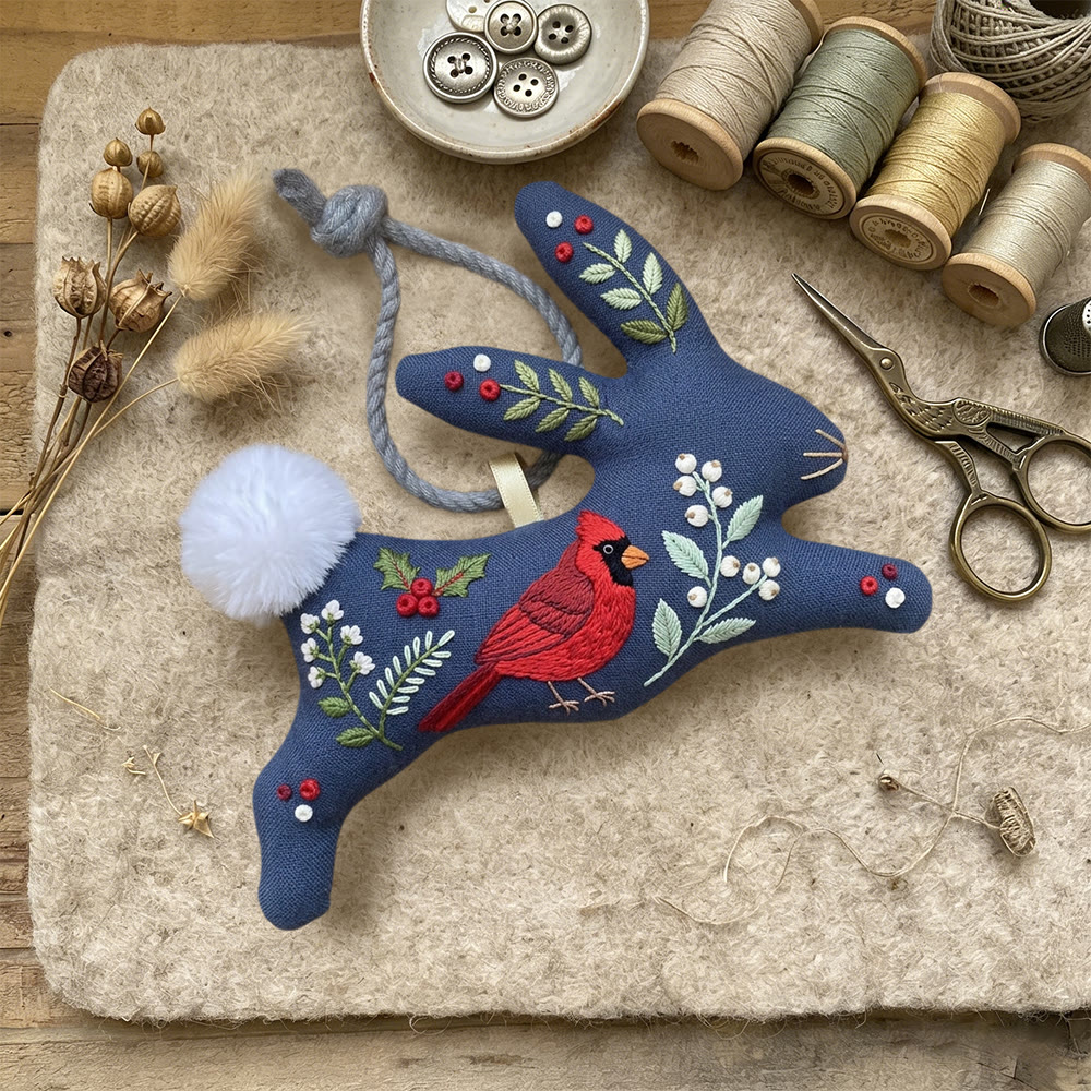 Rubbyoo Rabbit Embroidery Kit - Red Cardinal | Sympathy Gift | Midnight Blue Bunny Charm - image 3