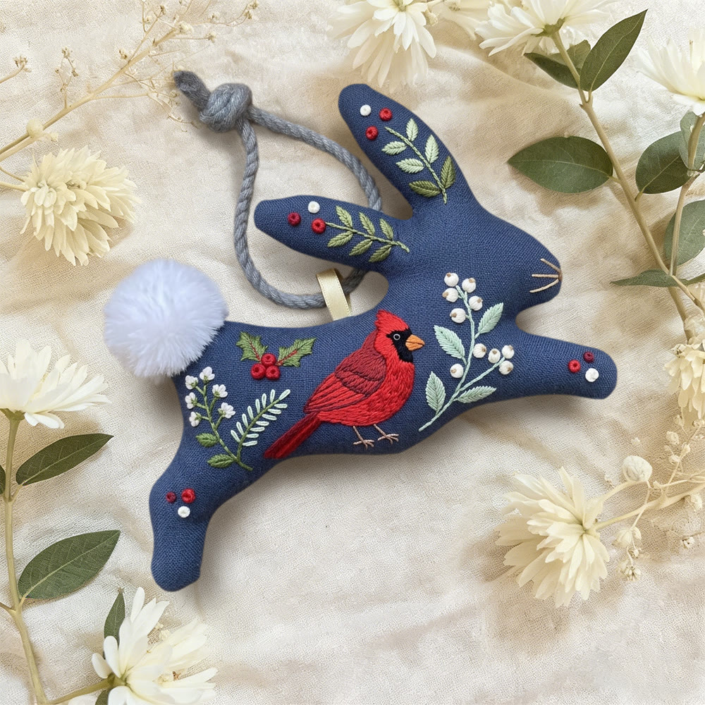 Rubbyoo Rabbit Embroidery Kit - Red Cardinal | Sympathy Gift | Midnight Blue Bunny Charm - image 4
