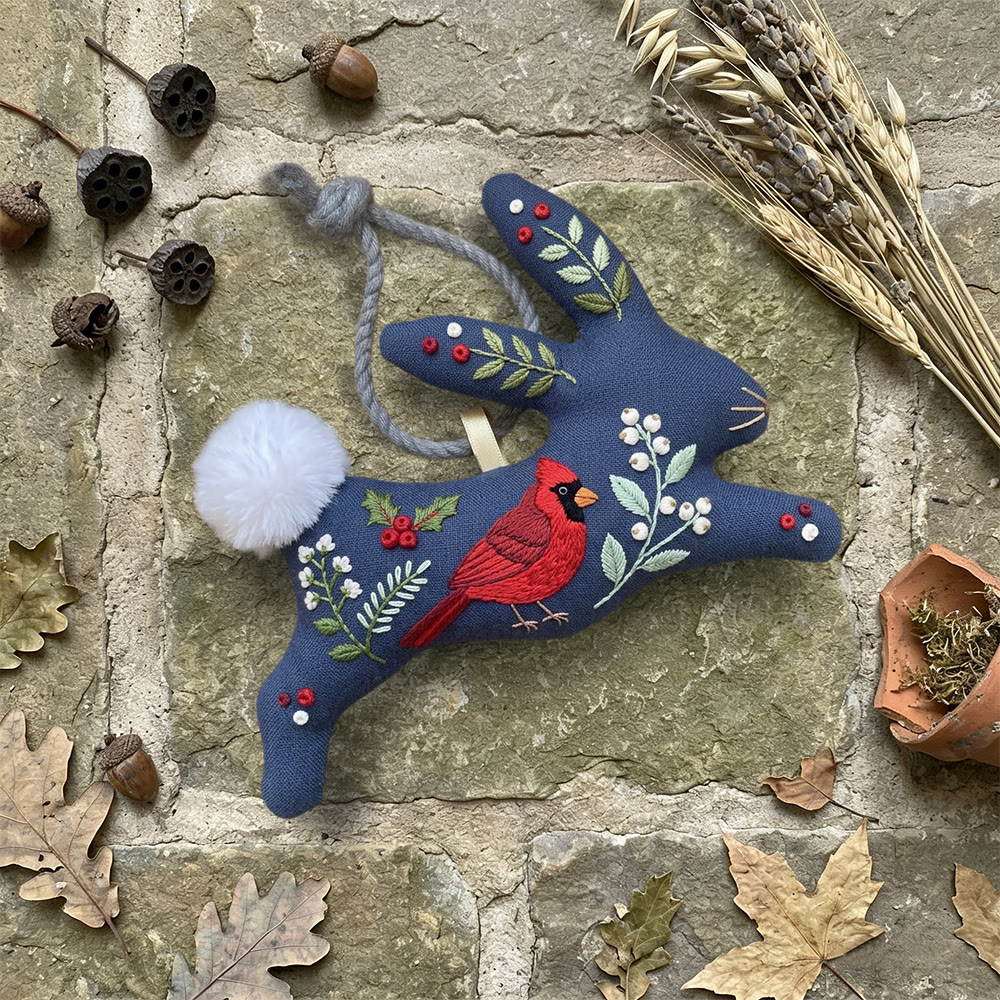 Rubbyoo Rabbit Embroidery Kit - Red Cardinal | Sympathy Gift | Midnight Blue Bunny Charm - image 6