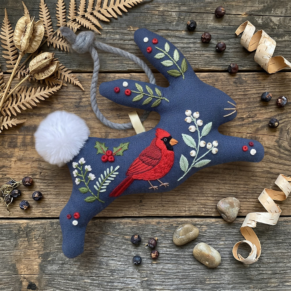 Rubbyoo Rabbit Embroidery Kit - Red Cardinal | Sympathy Gift | Midnight Blue Bunny Charm - image 5